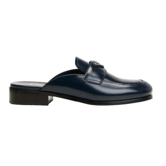 Prada Navy Blue Leather Triangle Silver Logo Loafer Slip On Slide Mule Flat 36.5